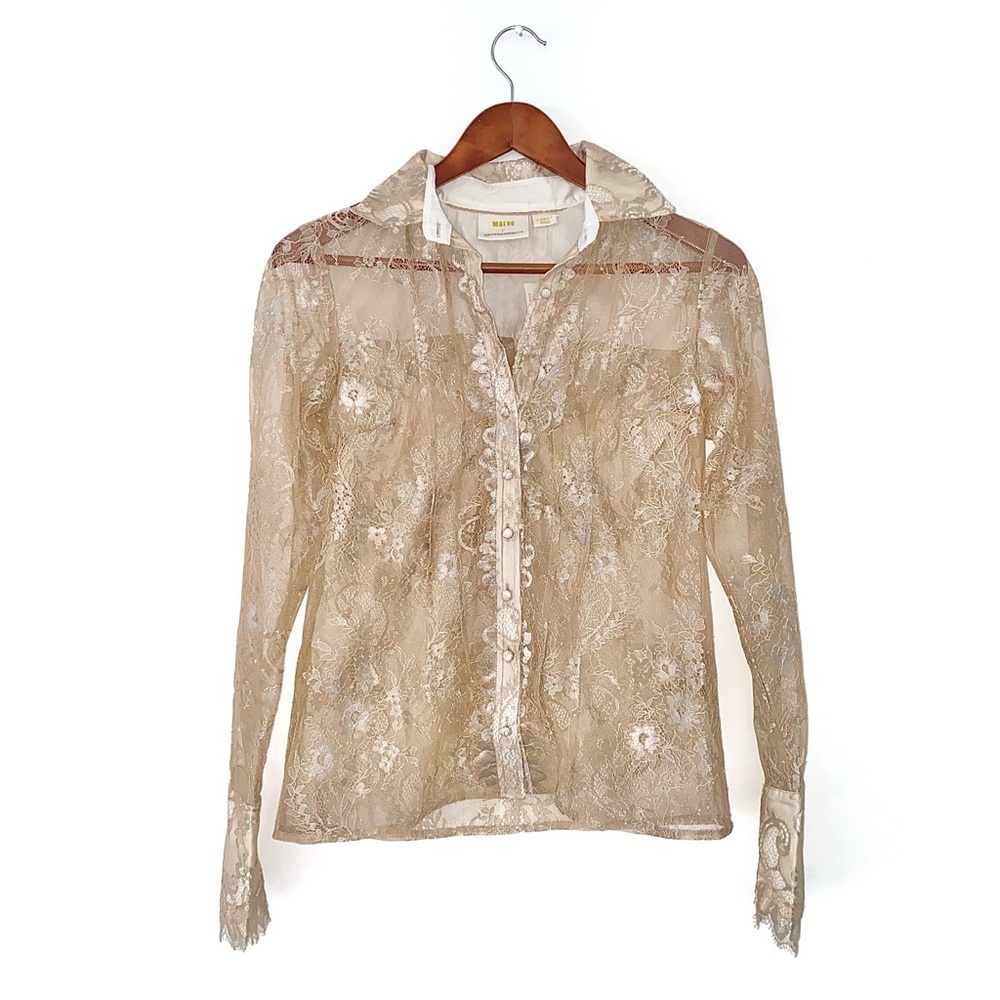 Maeve Embroidered Long Sleeve Romantic Victorian Sexy Sheer Lace Blouse xs